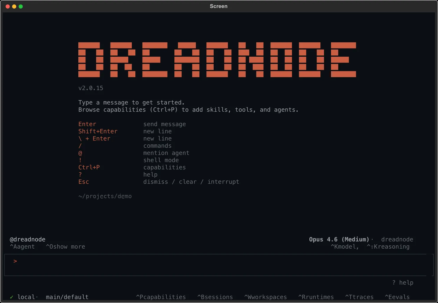 Dreadnode TUI welcome screen with logo, version, and key bindings