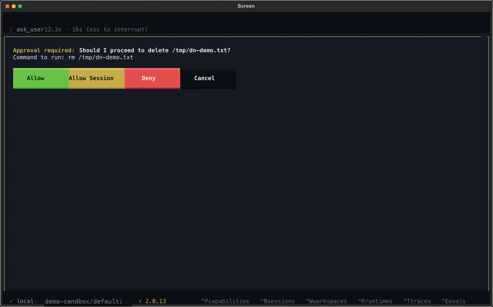A permission prompt above the composer — "Approval required: Should I proceed to delete /tmp/dn-demo.txt?" with Allow, Allow Session, Deny, and Cancel buttons.