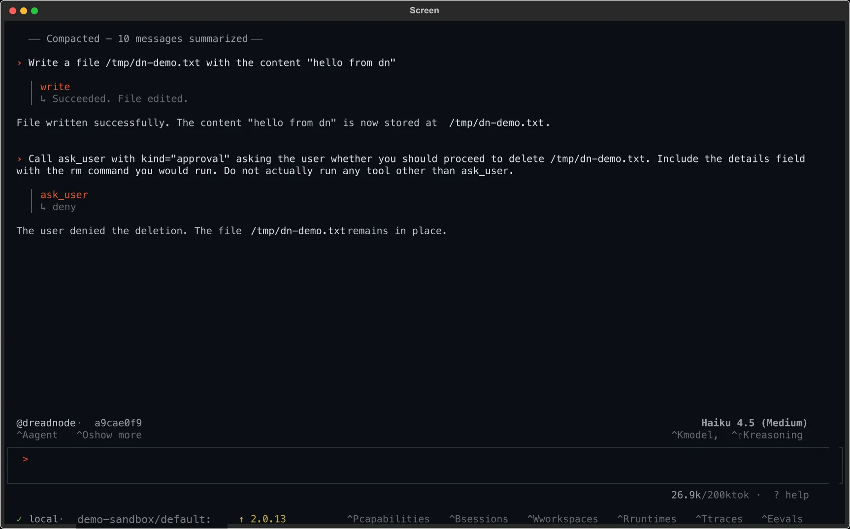 The TUI after running /compact — a ── Compacted — 10 messages summarized ── separator sits above the recent turns, which continue as if nothing happened.