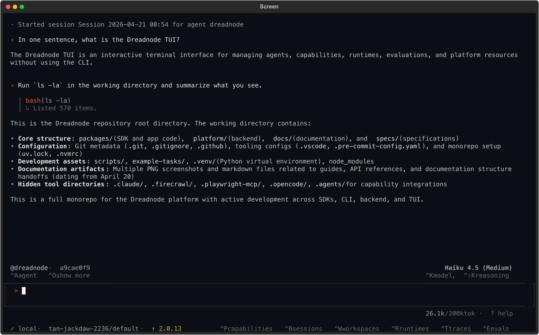 A TUI session showing a user prompt, a bash tool call, and the assistant's reply. The context bar at the bottom shows the active agent, session ID, and model.