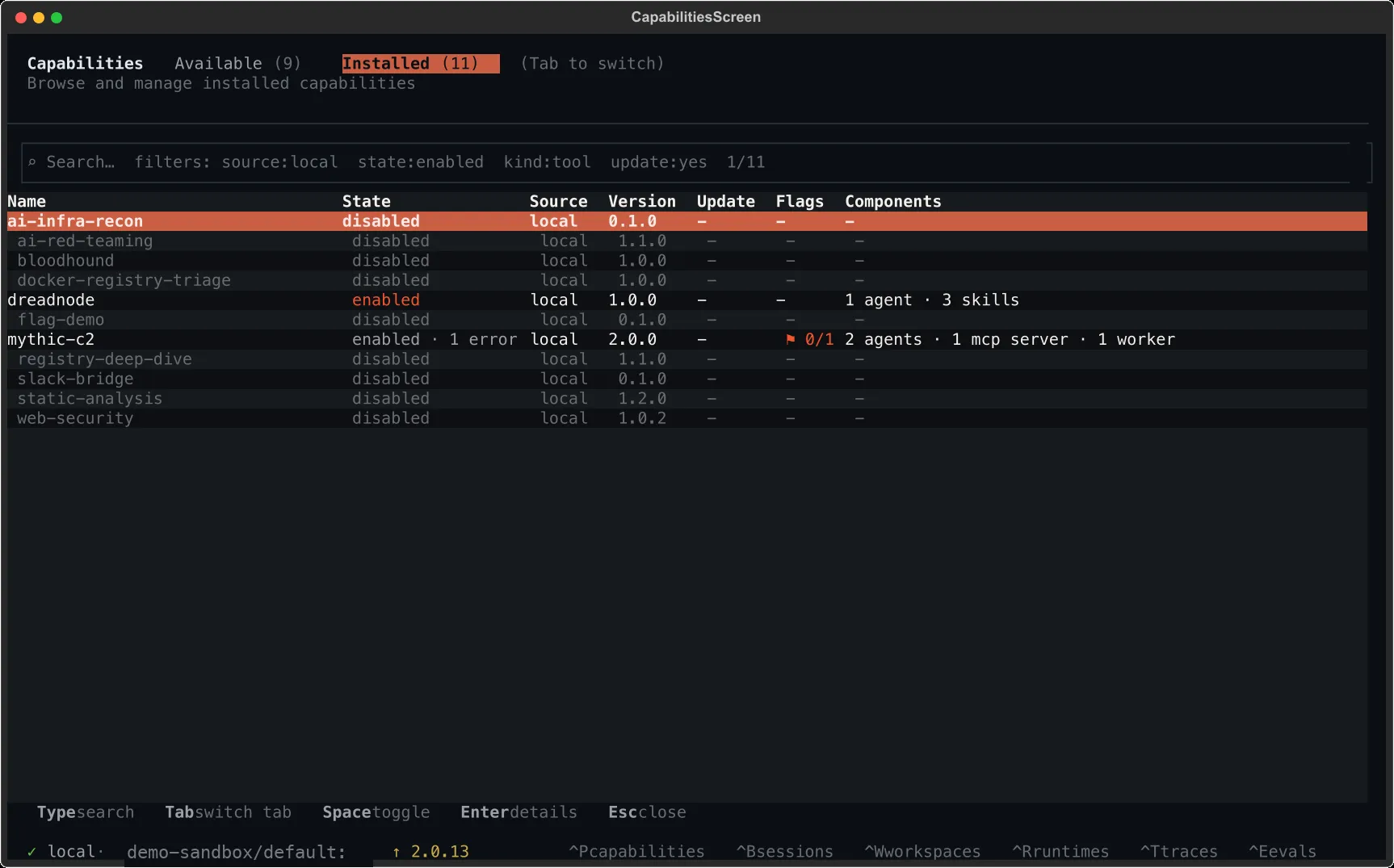 Capability manager — Installed tab